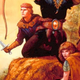 Jeff Easley's cover of the 1989 Dungeons and Dragons novel Shadowdale features a man with a sword kneeling on a rock and several characters in cloaks.